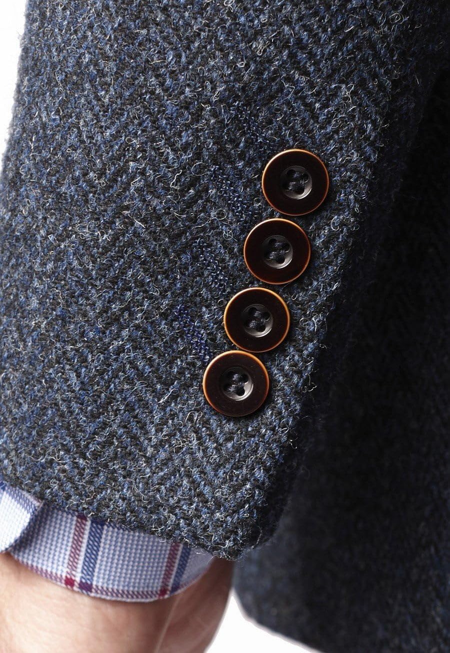 Brook Taverner Men's Stranraer Harris Tweed® Wool Jacket Coat in Blue Tailored Long Sleeved Single Breasted Plaid Blazer