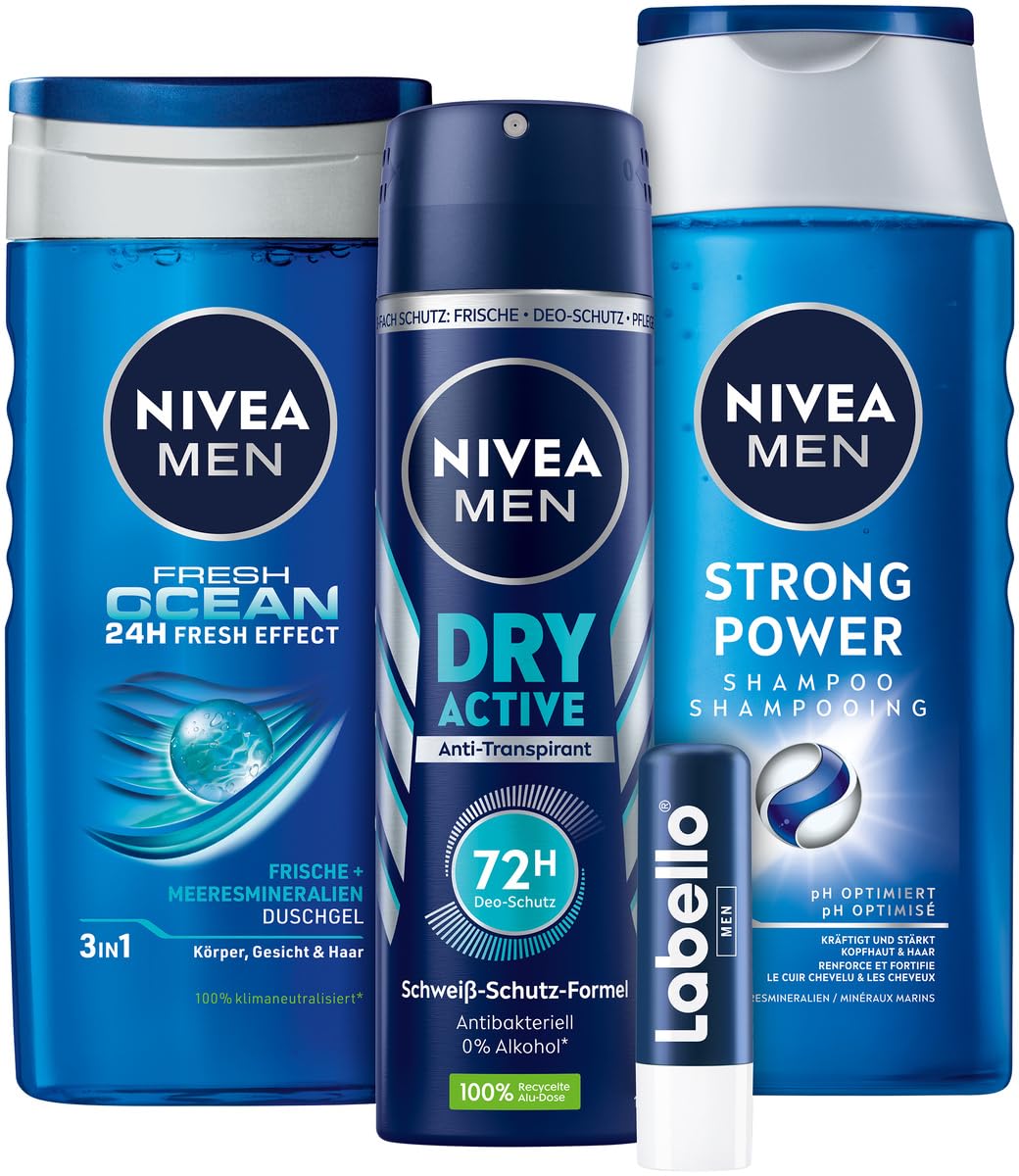 NIVEA MEN Strong Power Geschenkset, Pflegeset mit erfrischenden Pflegeprodukten, Geschenkbox mit Fresh Ocean Duschgel, Dry Active Deo Spray, Strong Power Shampoo und Labello Men Active Lippenpflege