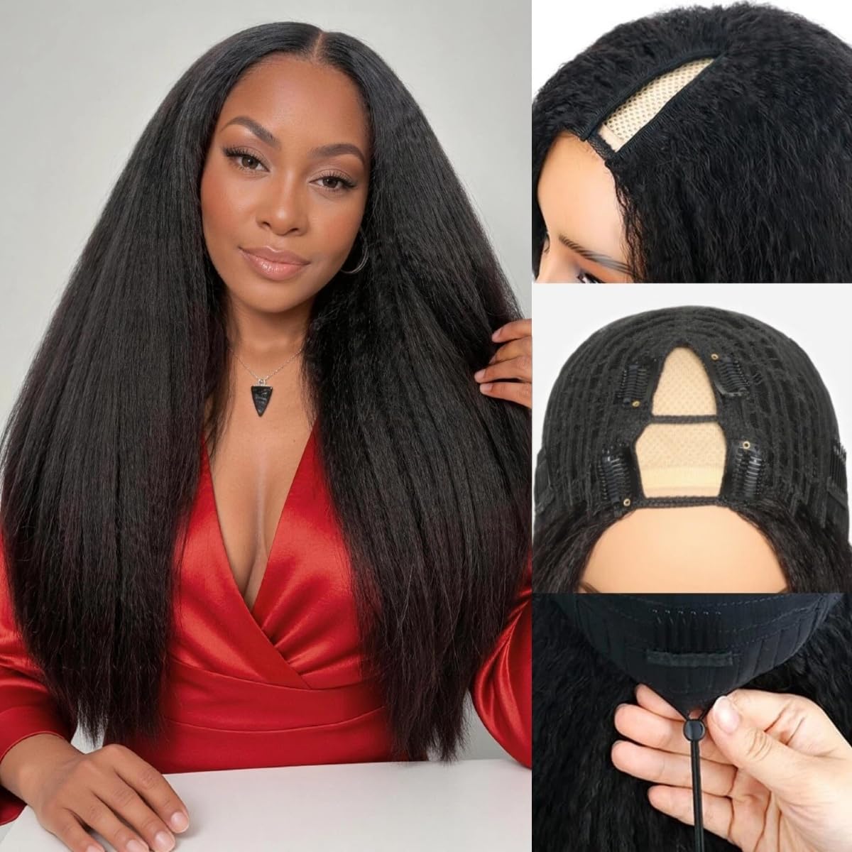 V Part Wig Human Hair Kinky Straight Human Hair Wig for Black Women 250% Density Glueless Clip In No Leave Out Yaki Straight Wigs Human Hair Drawstring Half Wig Natural Black (Black, 22 inch)