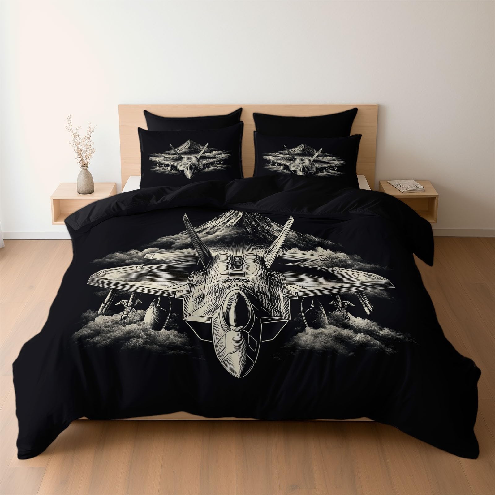 Housse de couette 240x260 avion de chasse dessin animé noir avec ses taies
