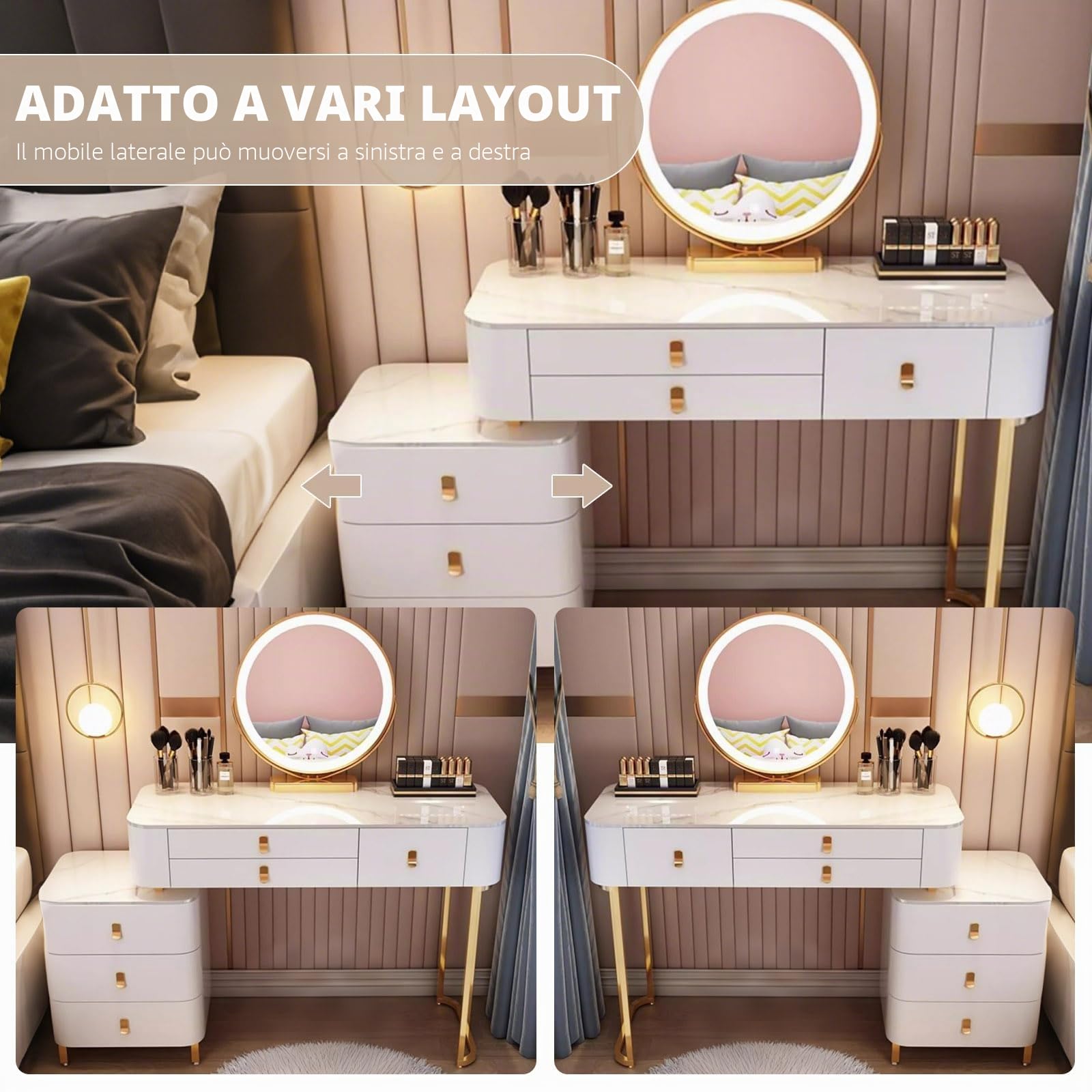 Toeletta Con Luce Intelligente E Sgabello, Scrivania Trucco Con Cassetti, Specchio Intelligente Led Regolabile A 3 Colori, Scrivania Trucco Moderna Per Donne E Ragazze