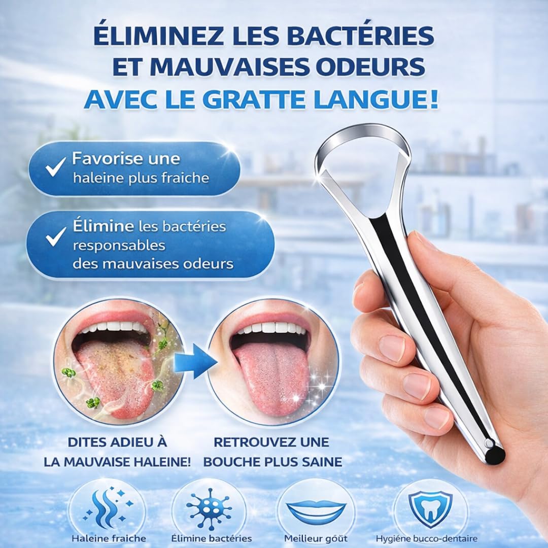 Gratte Langue Inox, Tongue Scraper Acier Inoxydable, Grattoir Langue Ultra Résistant, Racle Langue Ergonomique, Racloir Langue Hygiénique, Rape Langue Antibactérien, Brosse Langue pour Haleine Fraîche - 2