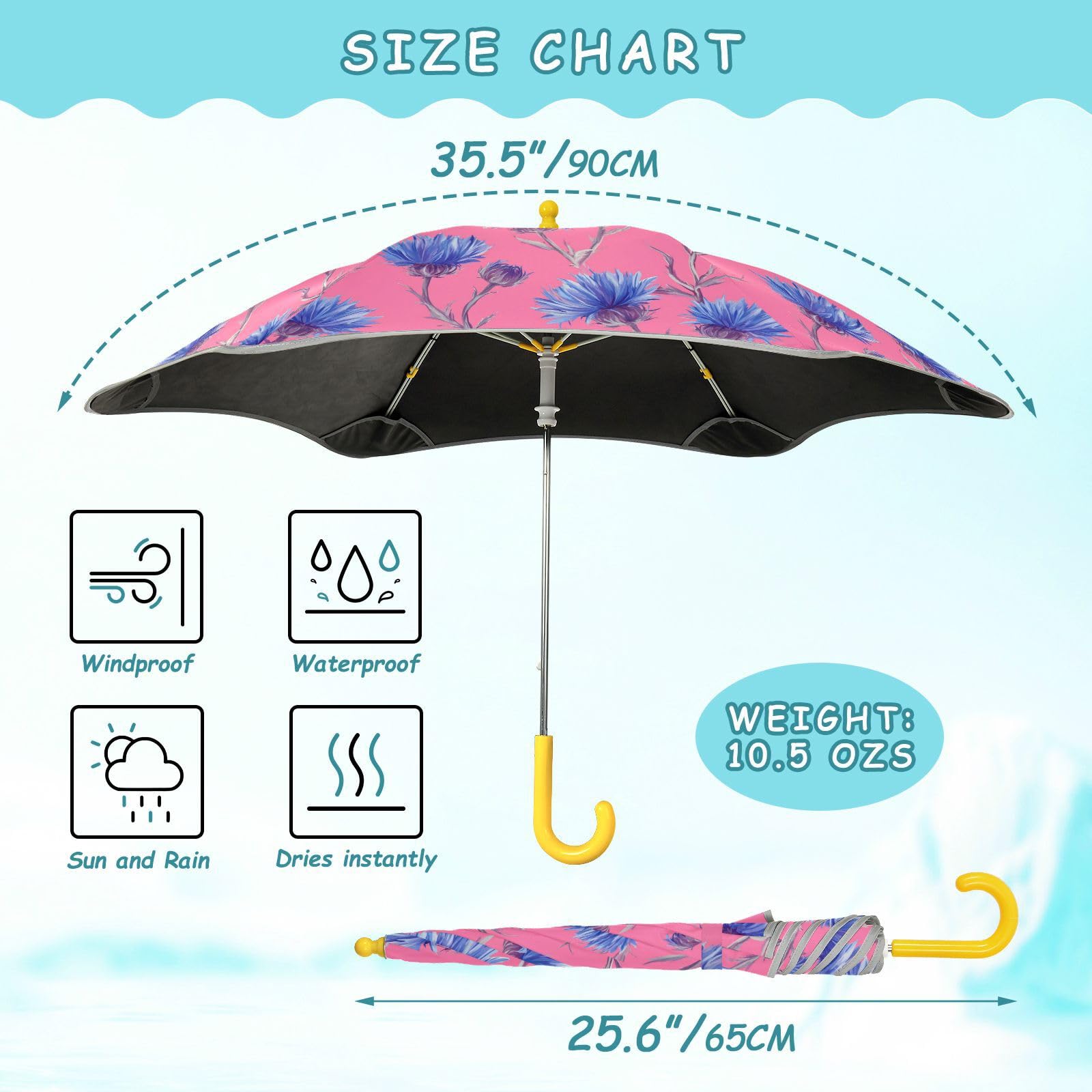 Parapluie rose à motif floral bleu pour enfants filles et garçons, parapluie de pluie et coupe-vent pour enfants avec bande réfléchissante, parapluie de voyage avec poignée à crochet facile à prendre