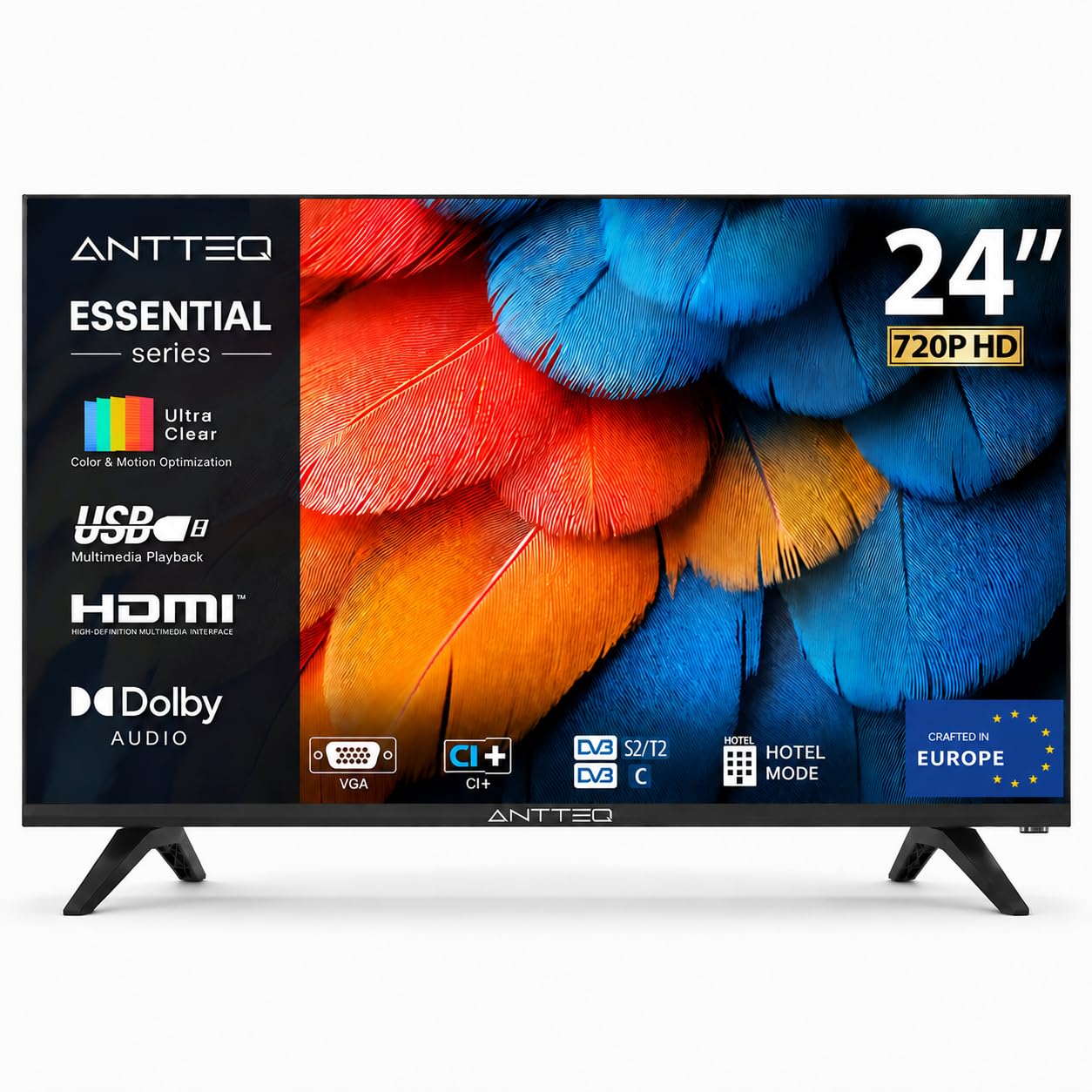 Antteq AE24H5-Q1 HD LED Televisore 24 Pollici Sottocosto, Triple Tuner DVB-C/T2/S2, con VGA, AV, HDMI, USB-Media Player, CI+, Dolby Audio, Hotel Modus 2026 [Classe di efficienza energetica E]