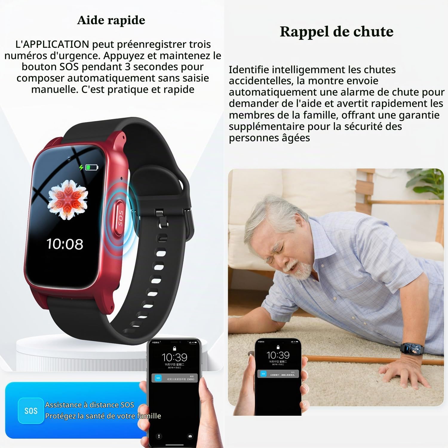Montre Connectée avec Détecteur de Chute, Montres Intelligentes Surveillance De La Santé des Personnes Âgées, Bracelet De Positionnement GPS,Black