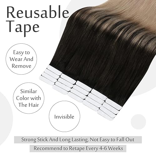 Miniatura 2 de Full Shine - Extensiones de cabello humano con cinta adhesiva y sin costuras, 22pulgadas, balayage, color negro 1B a castaño cenizo 18, 1.76oz,