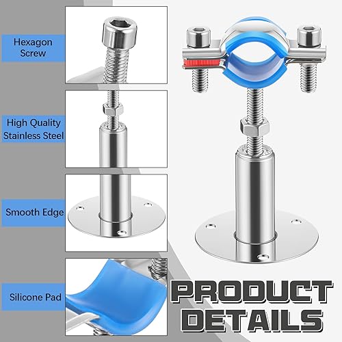 Miniatura 3 de 8 soportes de tubo de montaje en pared de acero inoxidable 304, adecuado para diámetro exterior de 12 pulgadas (0.787-0.866 in), altura ajustable de
