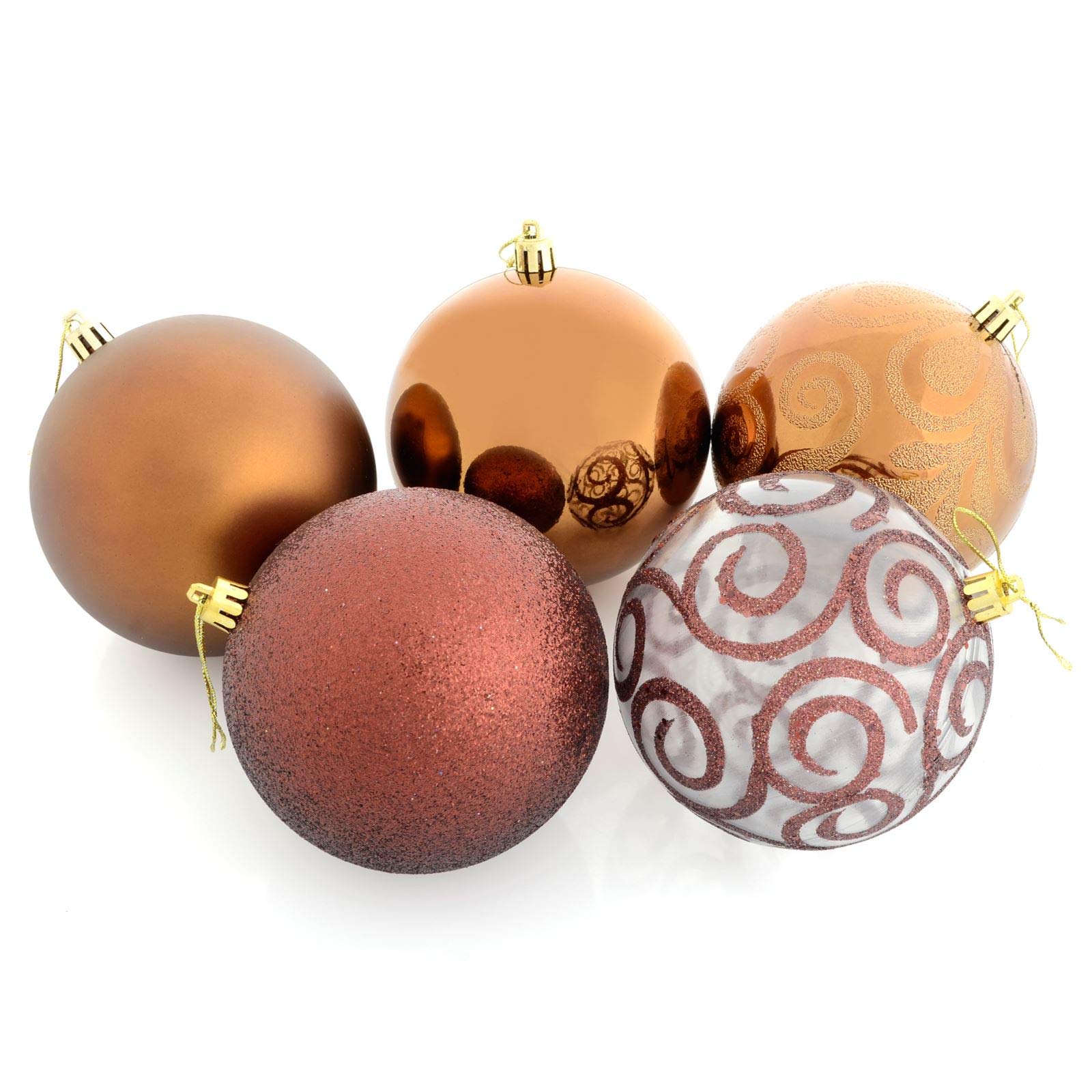 Mr Crimbo Coffee Set Of 5 Large Round Christmas Tree Baubles Shiny Mirrored Matt Glittery Swirled Patterns, 10Cm