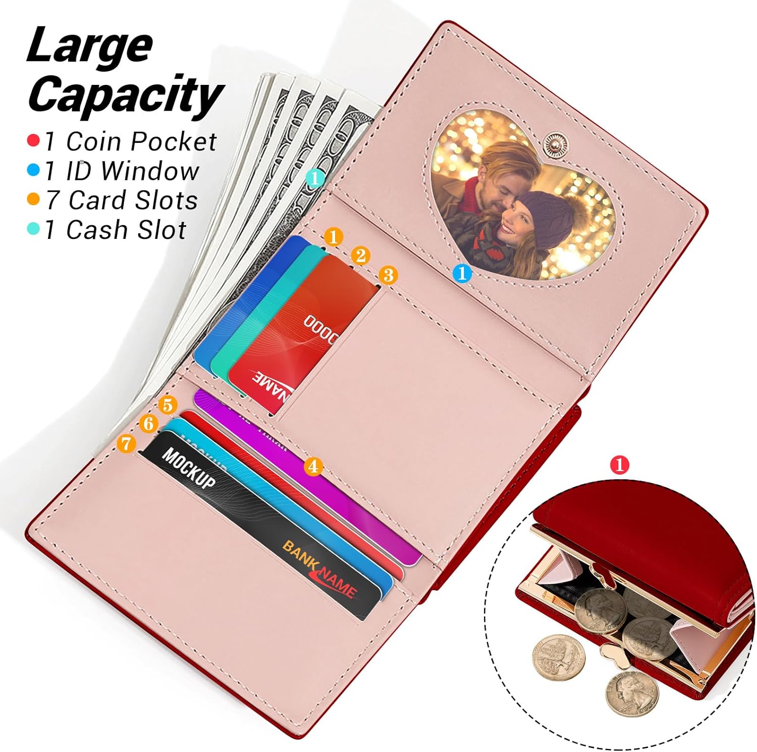 YINHEXI Wallet Women, RFID Blocking Small Compact Trifold PU Leather Card Holder Purse with Coin Pocket & ID Window for Ladies, Teens, and Girls (Cherry Red) - Image 2