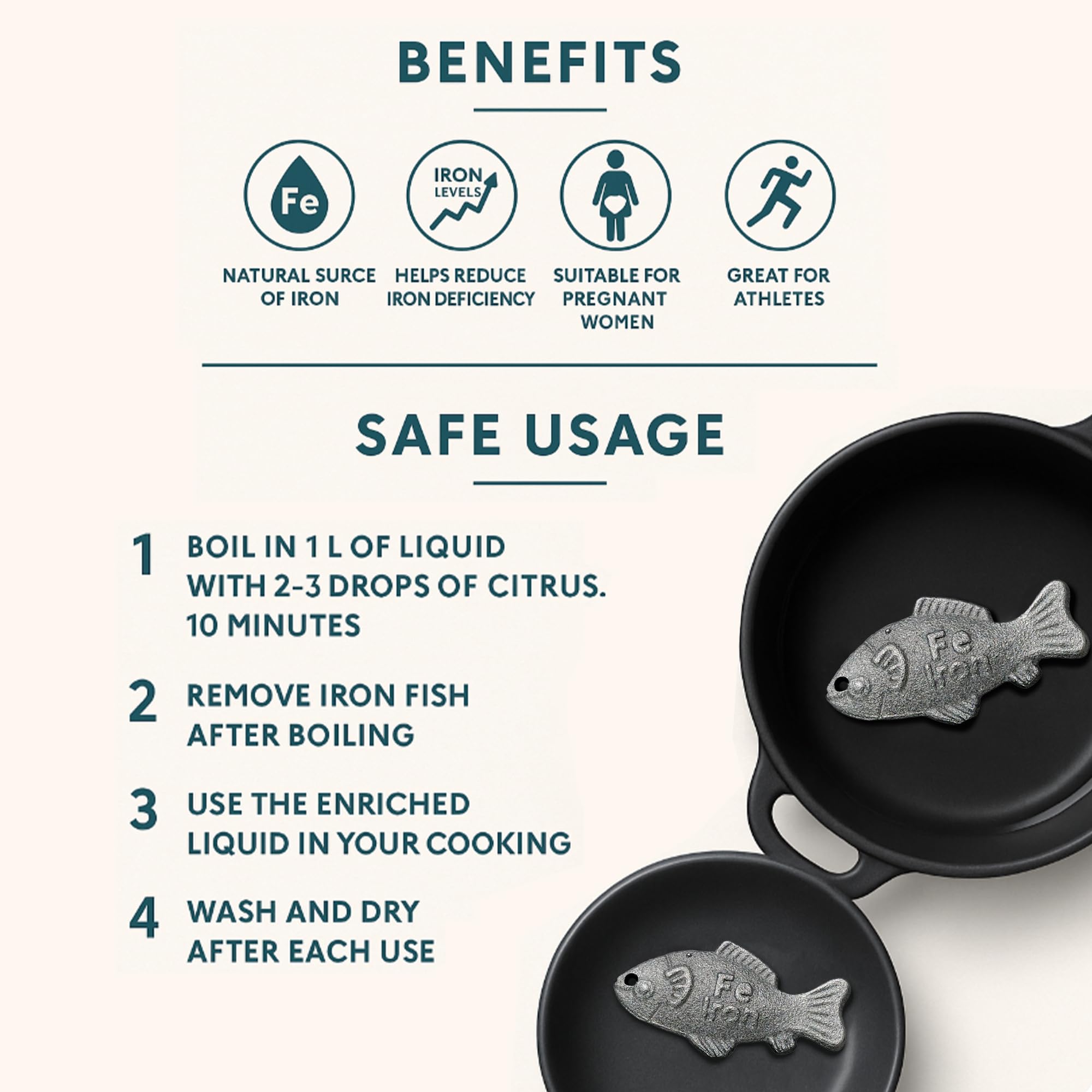 Lot De 3 Poissons En Fer Pour La Cuisson - Source Naturelle De Fer - Pour Soupes, Ragoûts - Idéal Végétaliens Et Sportifs