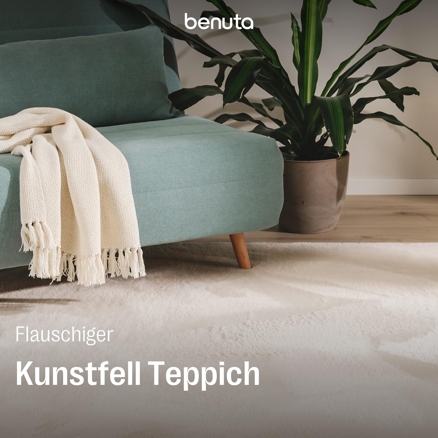 benuta Basic Kunstfaser Fellteppich Furry - Beige 200x290 cm - Weicher Wohnzimmerteppich - Anti-Rutsch-Rückseite - Waschbar - Für Fußbodenheizung geeignet