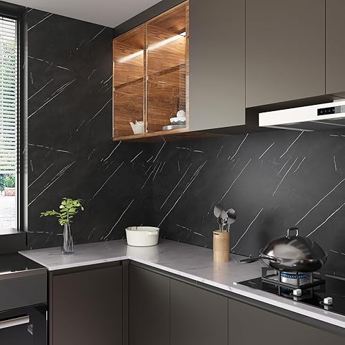 Miniatura 6 de CHIHUT Papel de contacto de mármol negro mate, autoadhesivo, papel de contacto para salpicadero de cocina, papel tapiz de mármol extraíble