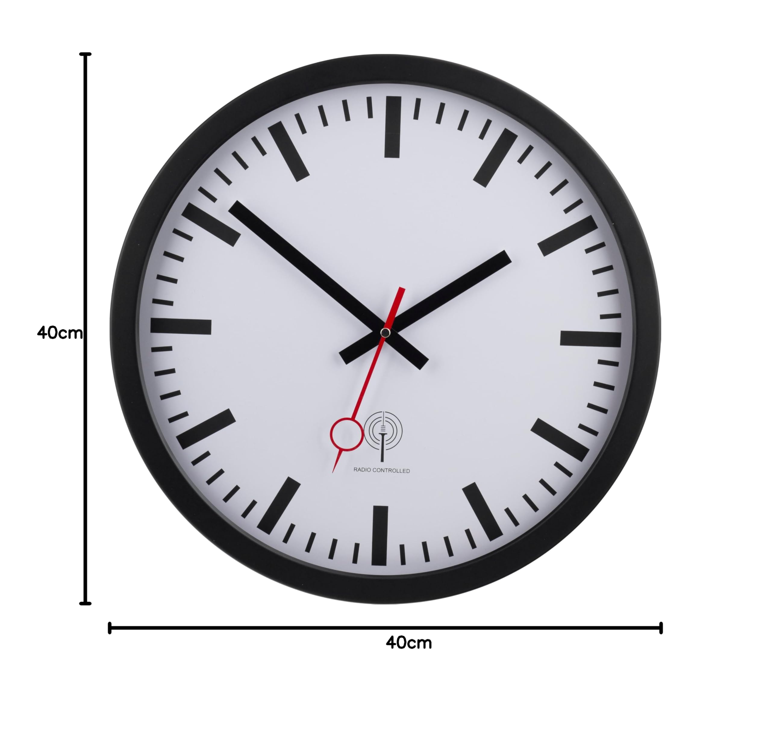 56861-05-Eurotime radiowy zegar ścienny ze wskazówkami sekundowymi na stacji kolejowej, krok sekundy, średnica 40 cm, metalowa obudowa i prawdziwe szkło, cyferblat stacji i zestaw wskazówek, czarny