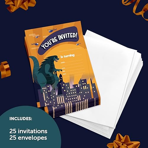 Miniatura 2 de Coastal Palm Godzilla - Tarjetas de invitación de feliz cumpleaños (25 unidades) con sobres, para niños y niñas (diseño de 25 unidades, 1)