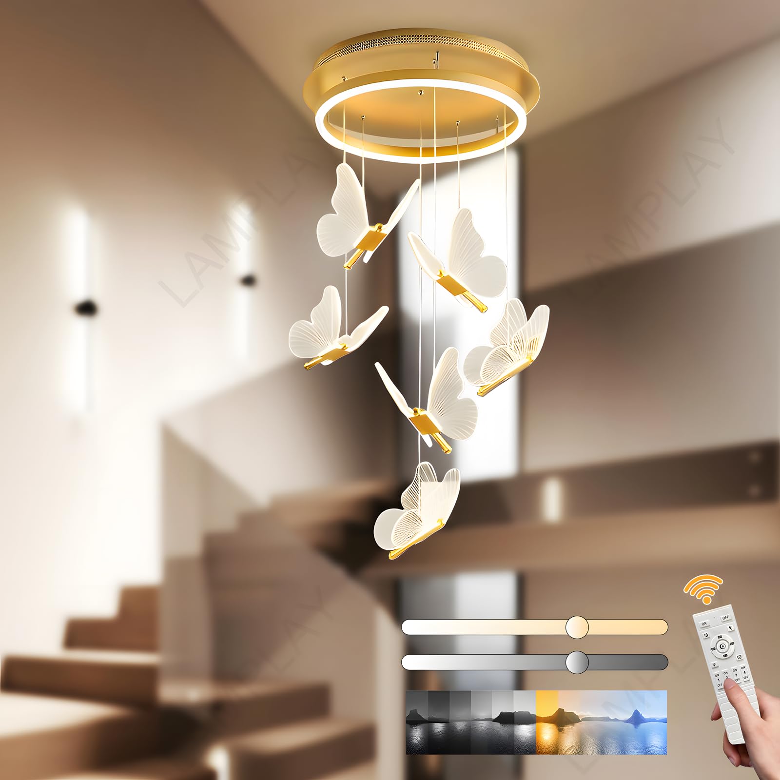 LAMPLAY Modern Gold LED Chandelier Light, Dimmable 6 Butterfly Shape Pendant 3000K-6000K with Remote Control, Adjustable Height Living Room Lamp, for Hallway, Dining Room, Staircase, Villa, Kitchen