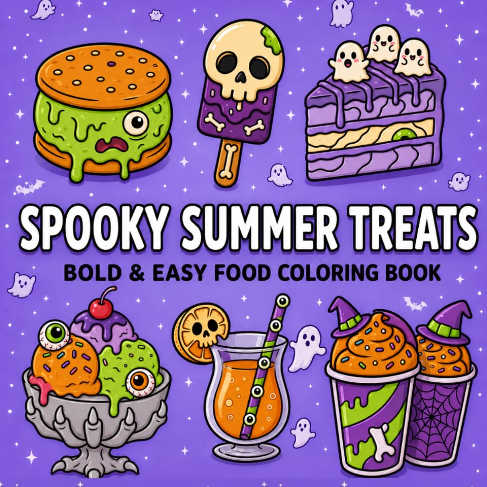 Spooky Summer Treats: A Bold and Easy Summer Coloring Book Featuring Cute Spooky Desserts, Ghostly Drinks, Cozy Summer Vibes and Fun Food Designs for Teens and Adults