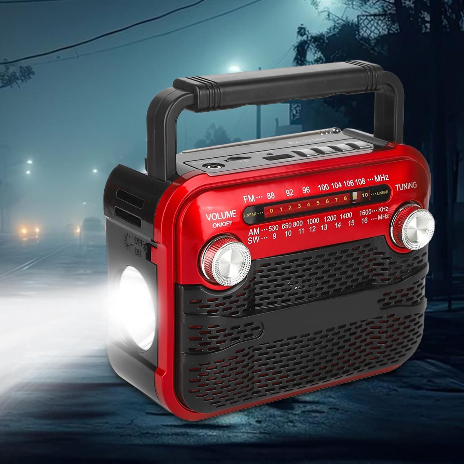 Radio a Manovella Portatile per Esterni con Illuminazione, 3 Modalità, Meteo e Tempesta