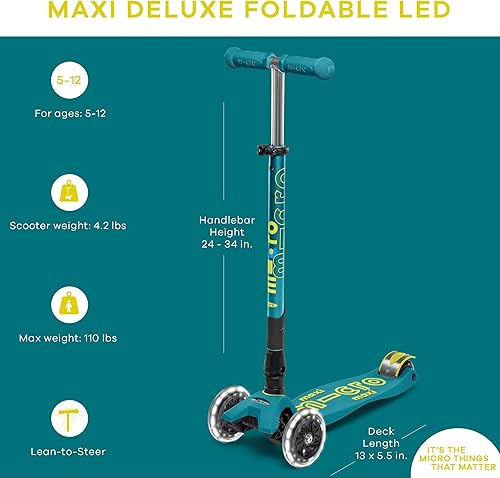 Miniatura 5 de Micro Kickboard Triciclo Maxi Deluxe Led plegable Con tres ruedas inclinado a girar plegable para llevar Micro Scooter diseñado para niños