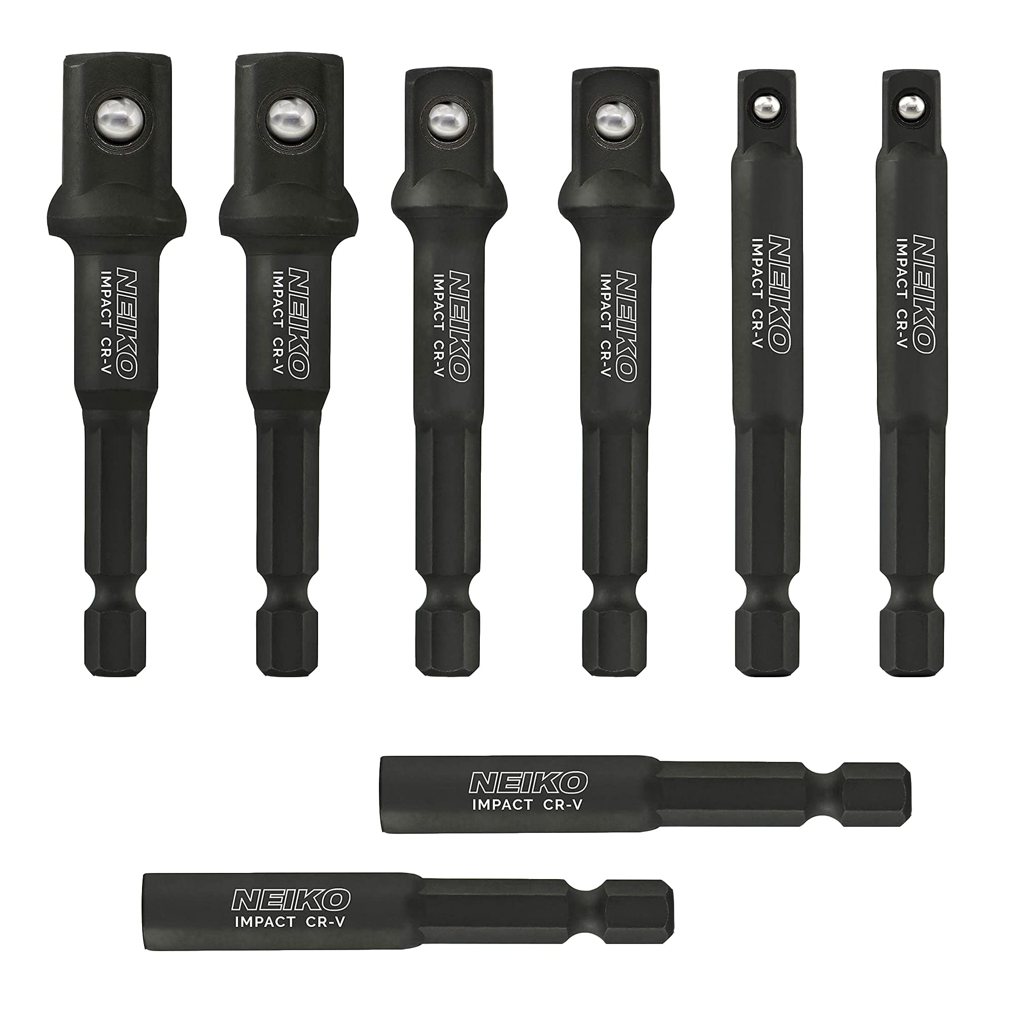 Neiko 00244A Impact Socket Adapter and Magnetic Bit Holder, 2 Pack, 4-Piece Set, | 1/4-Inch Hex Shank with 1/4, 3/8, 1/2-Inch Drive | CR-V (8 Piece Total)