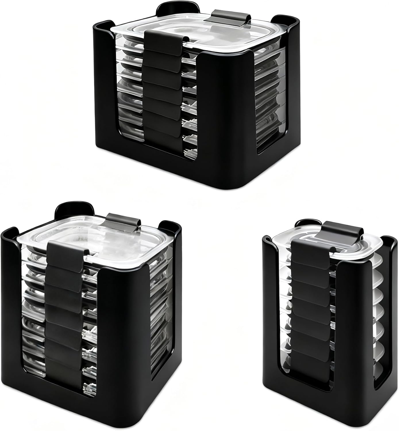 Food Container Lid Organizer for Rubbermaid Brilliances nap-on lids, Lid Organizer for Kitchen Cabinet Storage (3-Piece) - Holds 24 Lids for 4.7 Cup, 3.2 Cup, 1.3 Cup & 0.5 Cup Containers (Black)