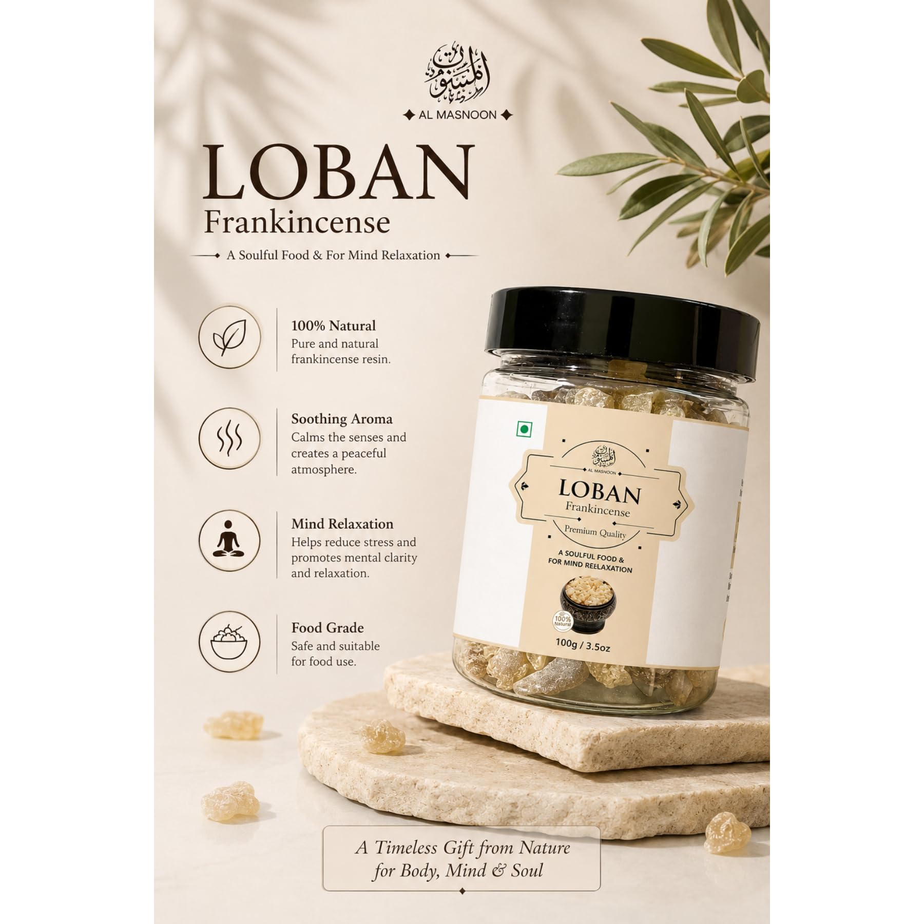 AL MASNOON Frankincense/Loban 100g (Pack of 1)/ 100% Natural & Pure/A Soulful Food for Mind Relaxation & Meditation 4