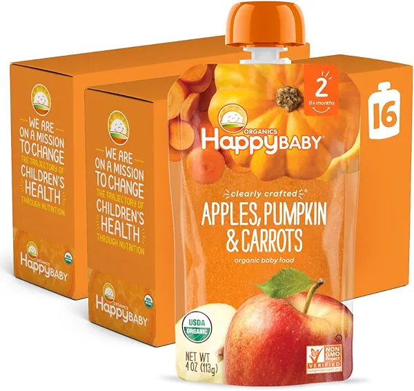 Happy Baby Organics Stage 2 Baby Food Pouches, Gluten Free, Vegan & Healthy Snack, Clearly Crafted Fruit & Veggie Puree, Apples, Pumpkin & Carrots, 4 Ounces (Pack of 16)