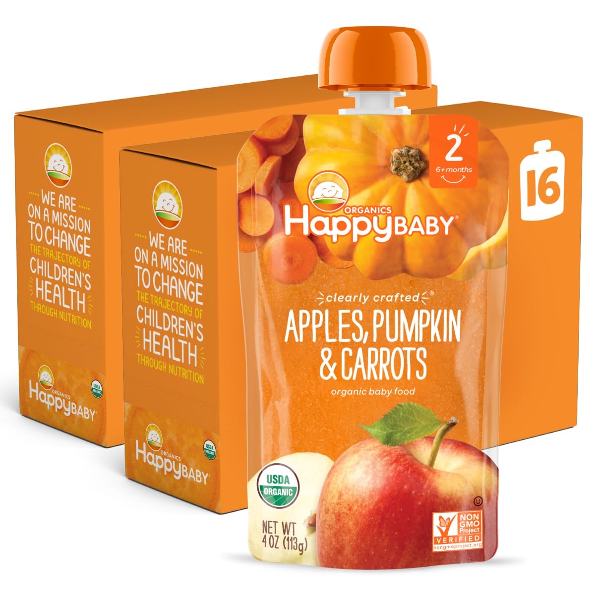 Happy Baby Organics Stage 2 Baby Food Pouches, Gluten Free, Vegan & Healthy Snack, Clearly Crafted Fruit & Veggie Puree, Apples, Pumpkin & Carrots, 4 Ounces (Pack of 16) Apple, Pumpkin & Carrot 4 Ounce (Pack of 16)