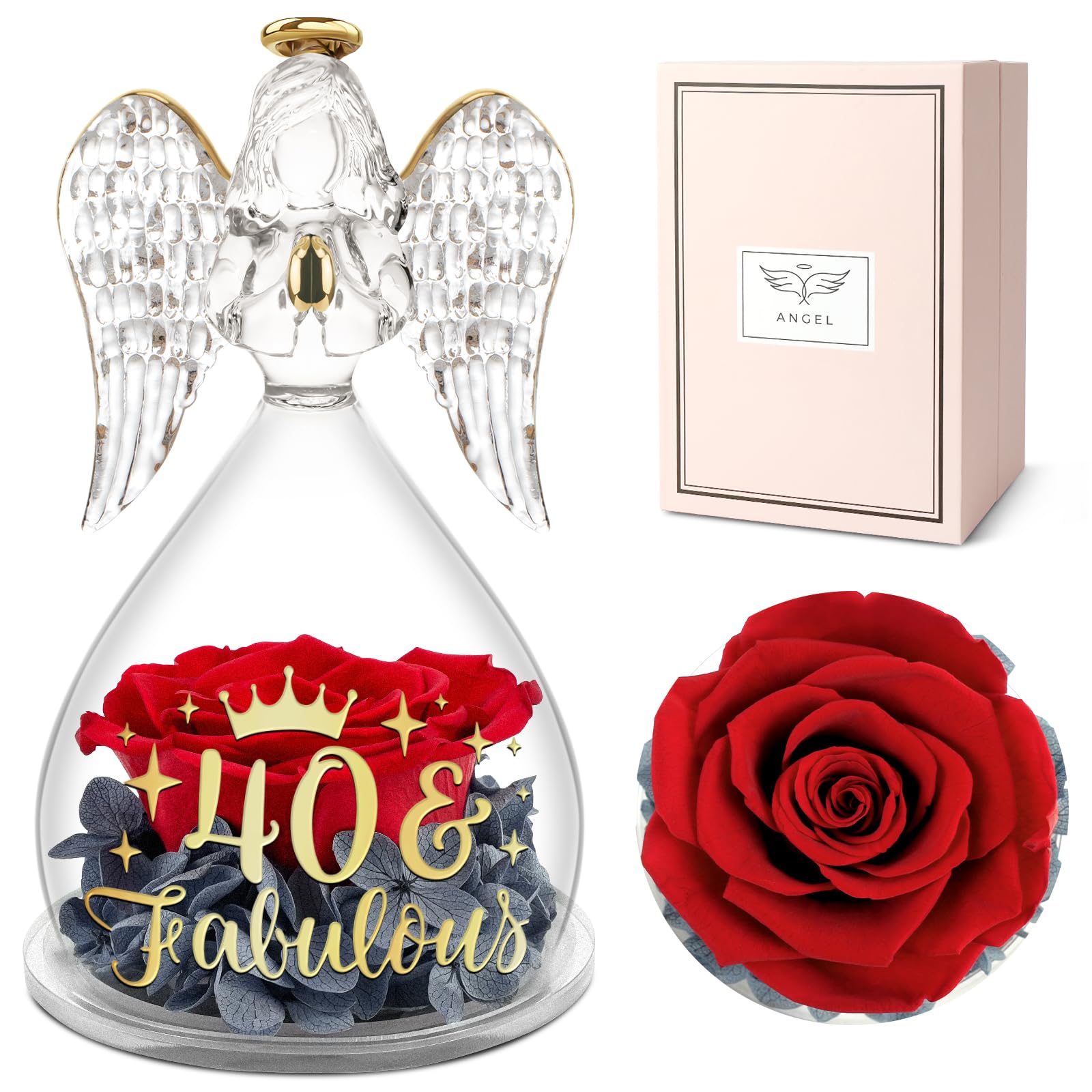 Idée cadeau anniversaire 40 ans femme : rose éternelle sous ange pour Noël et fête