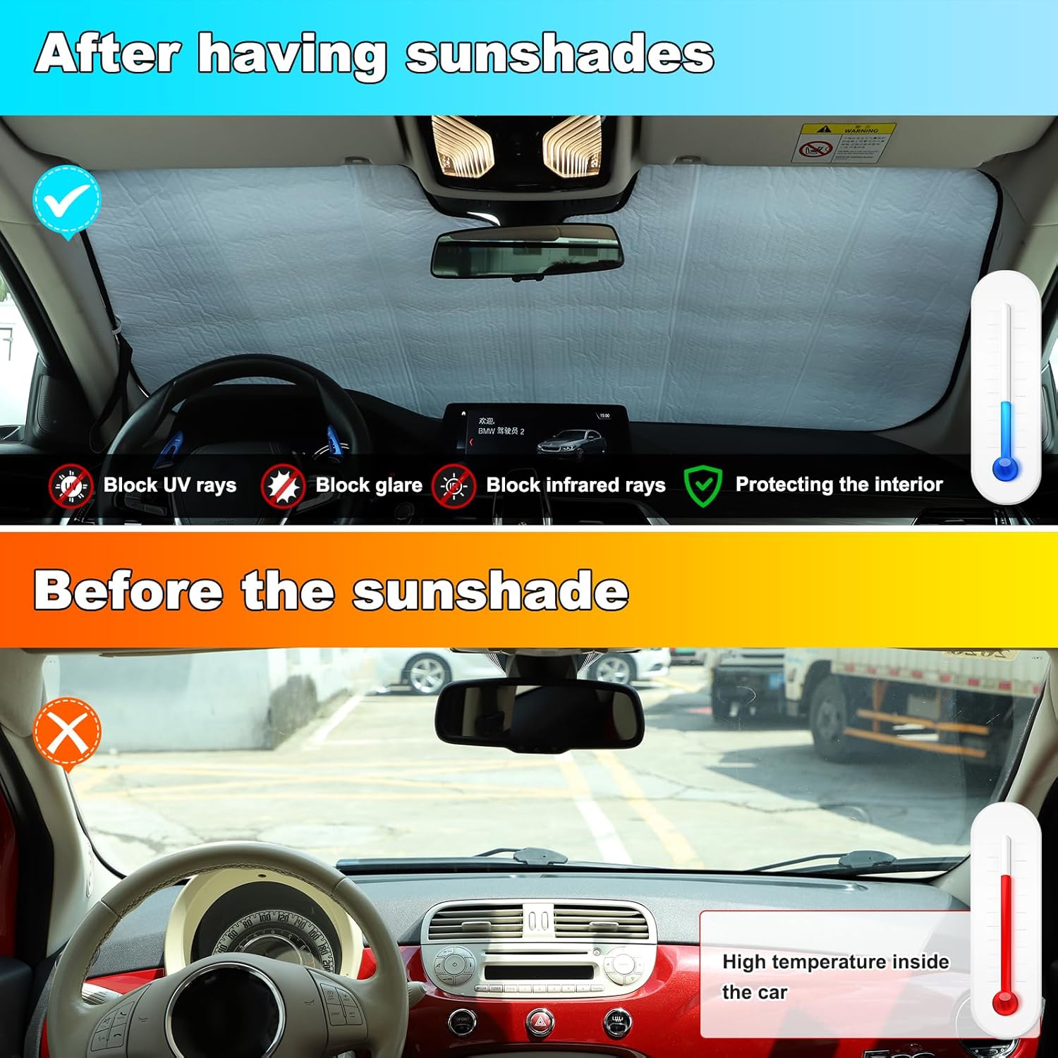 Car Windshield Sunshade Compatible with BMW 5-Series G30 G31 525i 525xi 528i 528xi 530i 530e 530xi 535i 535xi 545i 550i 2018-2023 Front Window Foldable Sun Shade UV Protection Visors (Regular Version)