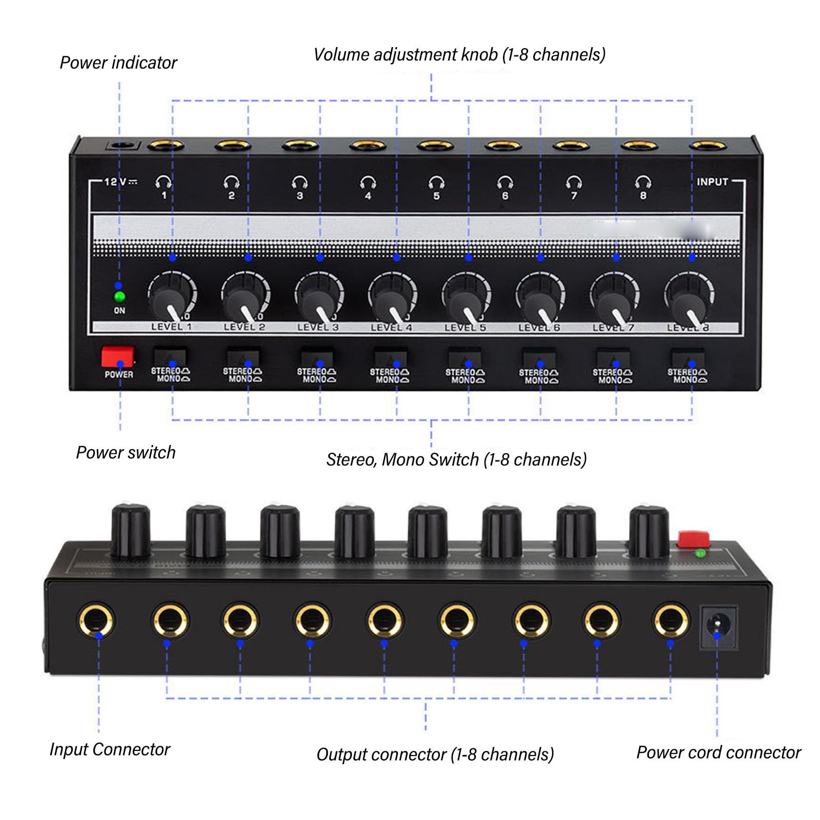Amplificador de Auriculares Estéreo de 8 Canales, Amplificador de Auriculares Estéreo de 8 Salidas y 1 Entrada Amplificador de Auriculares de Compacto para (Enchufe Europeo