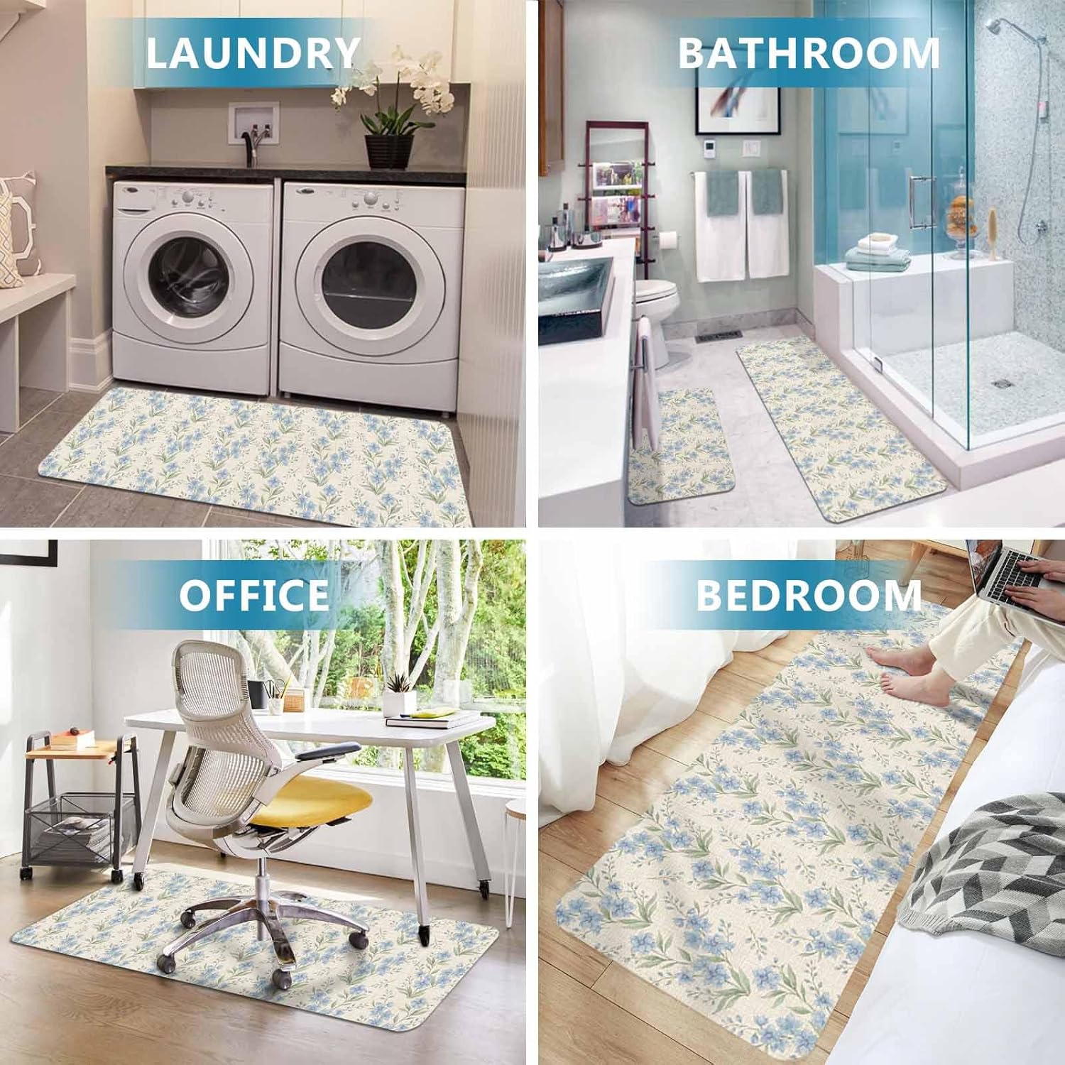Prime Leader Summer Flower Kitchen Mat Set 2 Pieces Watercolor Blue Floral Plants Rustic Linen Texture Non Slip Kitchen Rugs Washable Runner Rug Mats for Sink Laundry (15.7" x 23.6"+15.7" x 47.2")