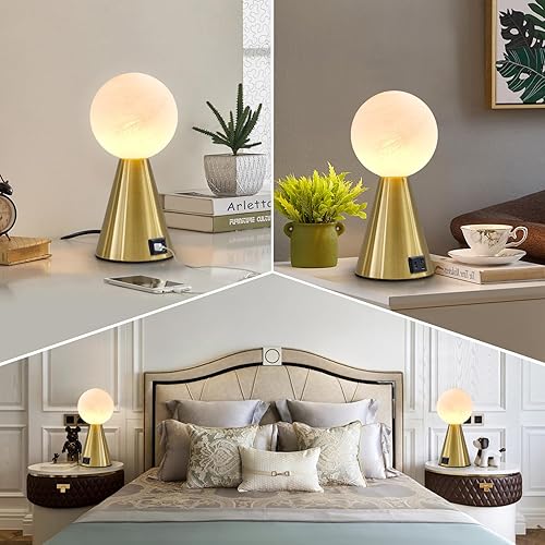 Miniatura 7 de Lámpara de mesa pequeña dorada para dormitorio con puertos USB A+C, modernas lámparas de noche para mesitas de noche, lámparas táctiles regulables
