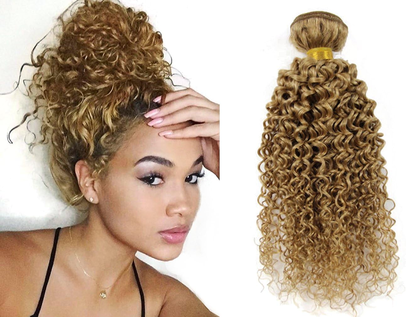 Greemeo Dark Honey Blonde #27 Brazilian Kinky Curly Virgin Hair Bundle 100G Remy Human Hair Hair Extension 16 Inches