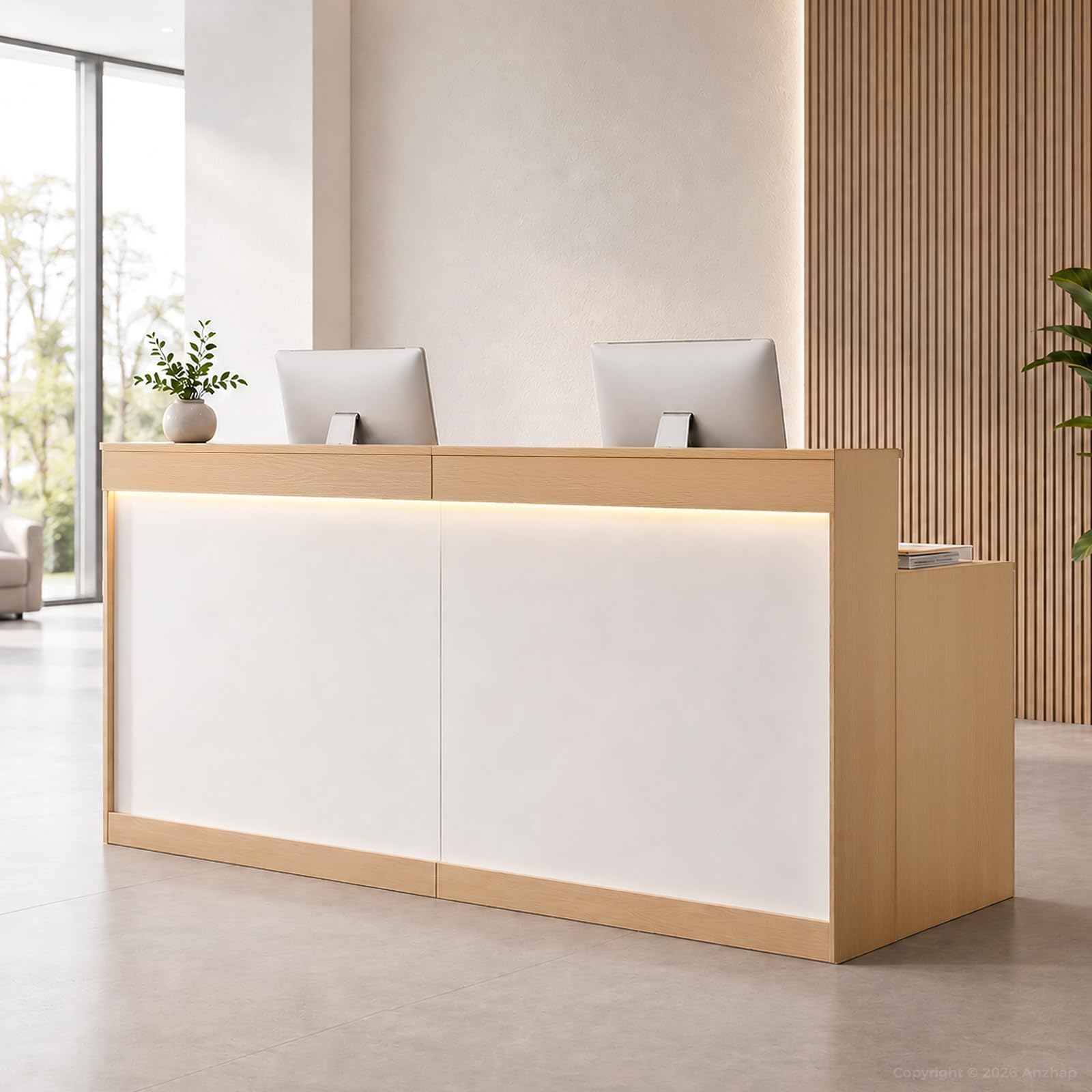 71" Reception Desk with LED Lights & Keyboard Tray, Front Desk Reception Counter with Lockable Drawer, Enclosed Cabinet & Cable Grommet for Office, Salon, Lobby, Clinic, Retail (Maple & White)