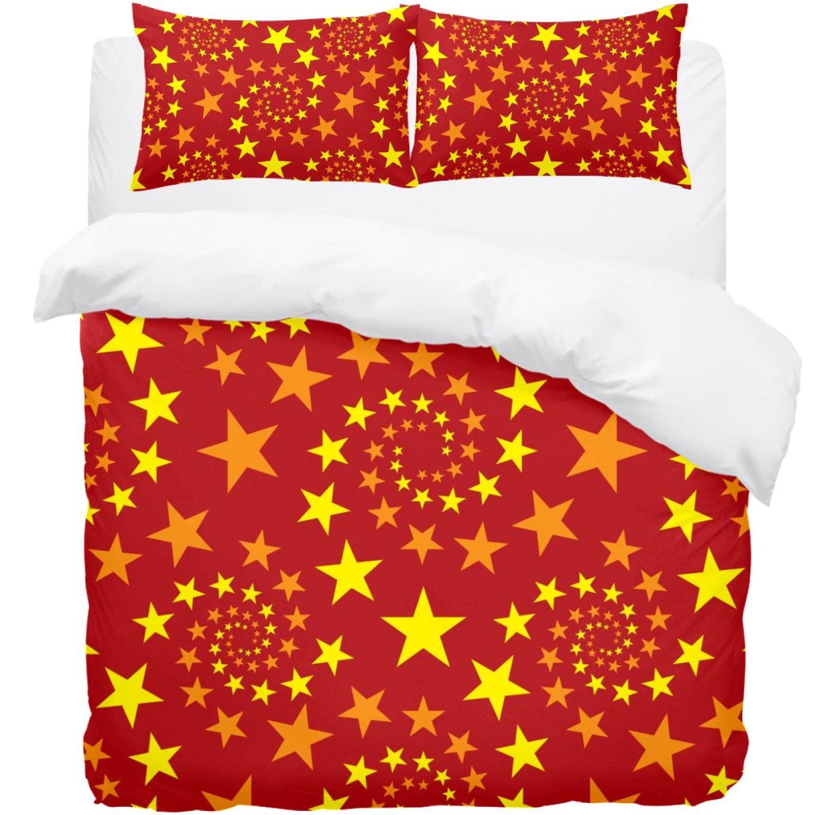 Housse de couette étoiles rouge et jaune avec ses 2 taies d'oreiller pour lit double