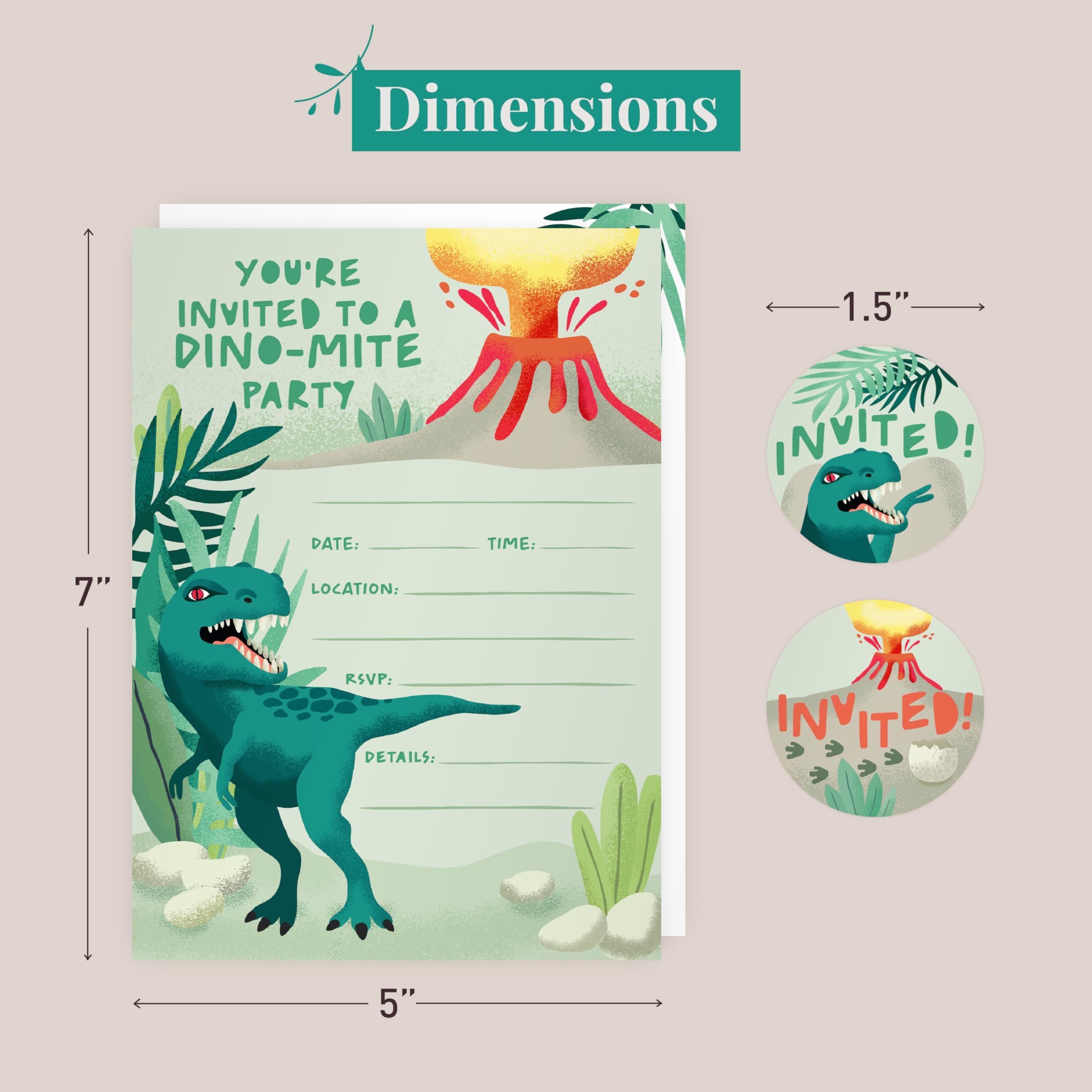 Rileys & Co. 50-Pack Dinosaur Party Invitations for Kids – 5 x 7 inches – Premium Quality Cards with Matching Envelopes & Stickers – Birthday Invitations for Girls and Boys