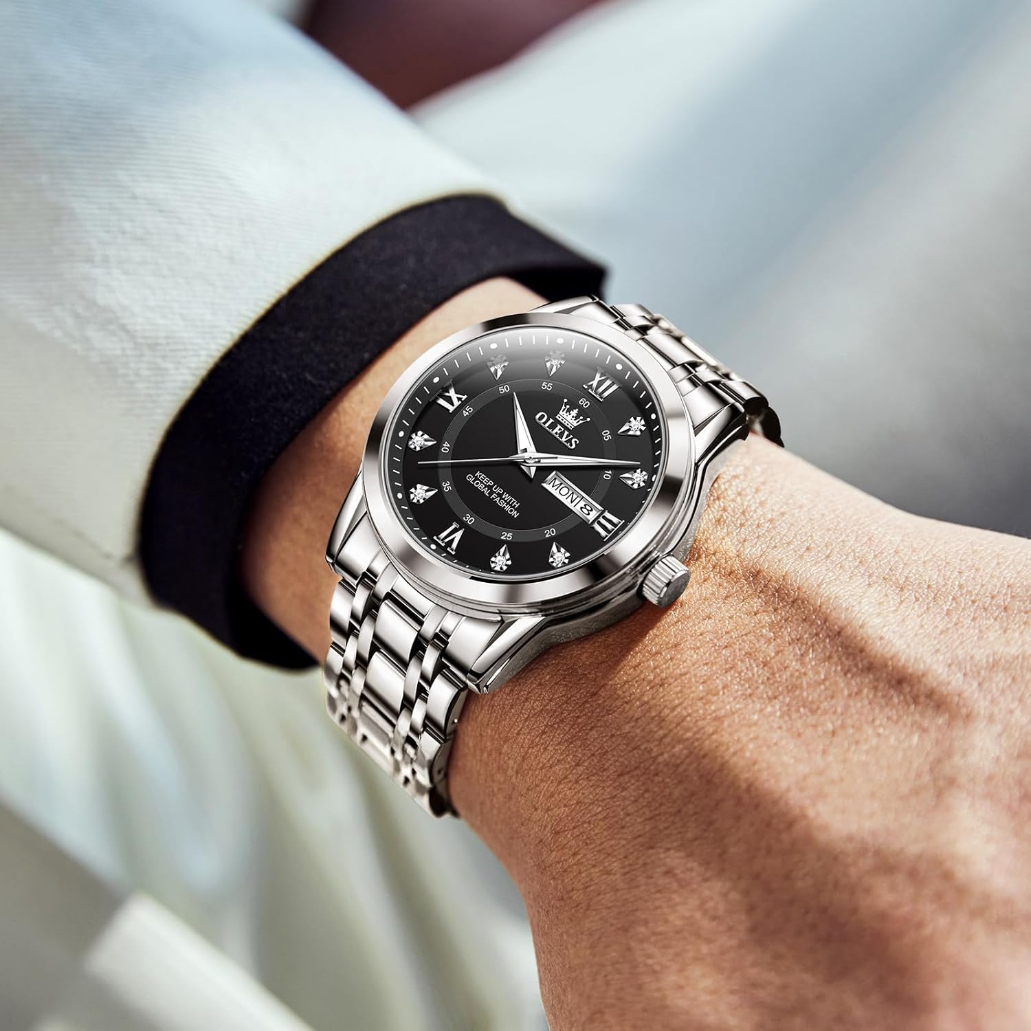 OLEVS Men's Stainless Steel Watch, Large Face Roman Numerals Diamond Accented Three-Hand Analog Quartz Watches for Men, Easy to Read Day Date Waterproof Luminous Mens Wristwatch - Image 9