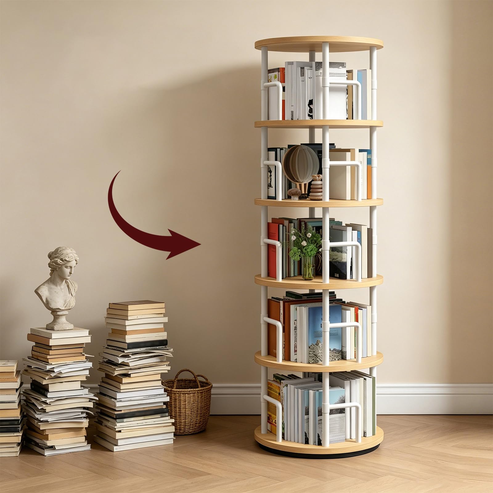 MAHANCRIS Estantería Giratoria de 5 Niveles, Display girevole a 360°,Librería de Pie con Barras de Seguridad, para Sala, Dormitorio o Despacho, Madera Natural y Blanco ABKBN4501