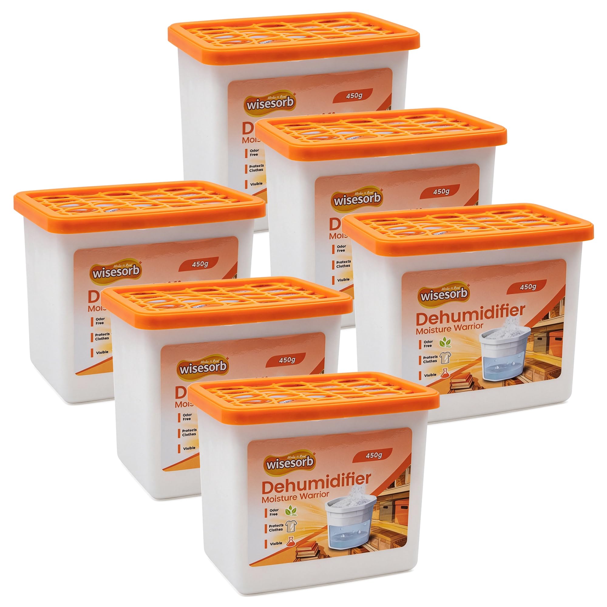 Wisesorb Pochłaniacz wilgoci 450g Zestaw 6 sztuk, osuszacz bezzapachowy, przenośne pudełko odporne na wilgoć do łazienki, szafy i samochodu