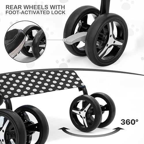 Miniatura 10 de MoNiBloom Cochecito para mascotas de 4 ruedas, fácil de plegar con forma de paraguas para perros y gatos, con bolsa de almacenamiento y malla