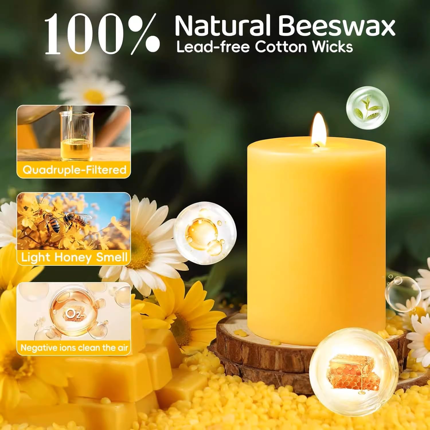 Velas de cera de abeja pura para el hogar, 2 x 4 pulgadas, tiempo de combustión de 28 horas, sin humo, juego de 6