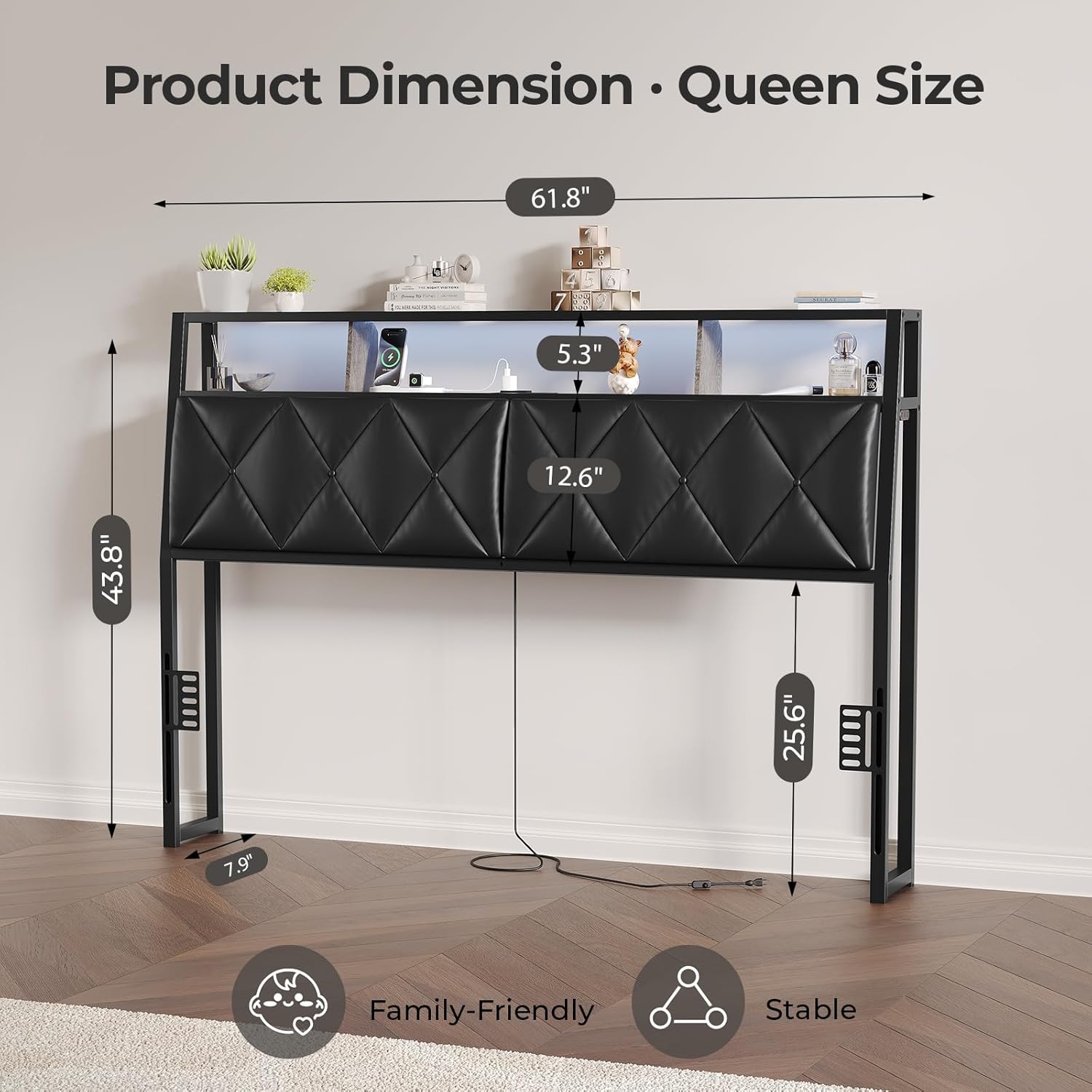 queen headboard only, headboard for queen size bed with storage, upholstered headboards with led lights & charging station, attach frame, ideal for bedroom/dorm/guest room, black, faux leather queen black