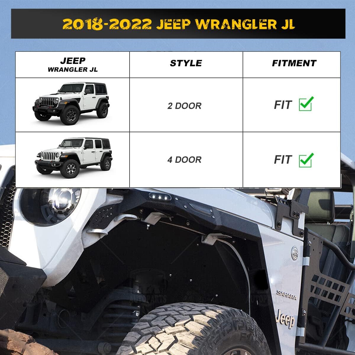Front Fender Flares for 2018-2023 Jeep Wrangler JL/JLU Unlimited, HAWKLEY Steel Offroad Fender Flares Liners with LED DRL & Sequential LED Turn Lights, JL Fenders Replacement Exterior Accessories