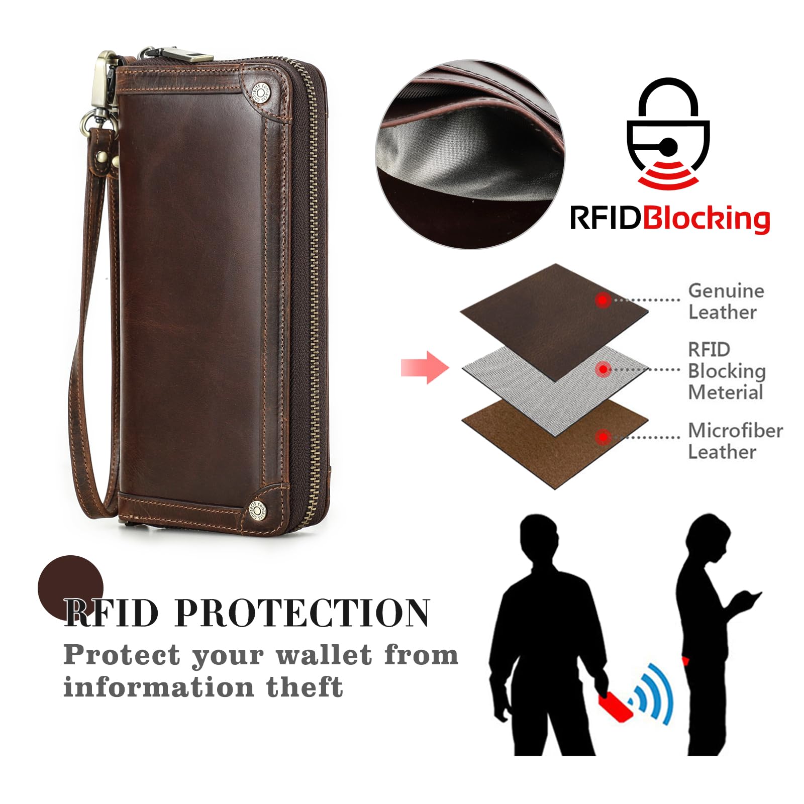 CONTACTS Cartera de Piel auténtica con Doble Cremallera Alrededor de los Hombres con 4 Capas intermedias Vintage Largo con muñequera
