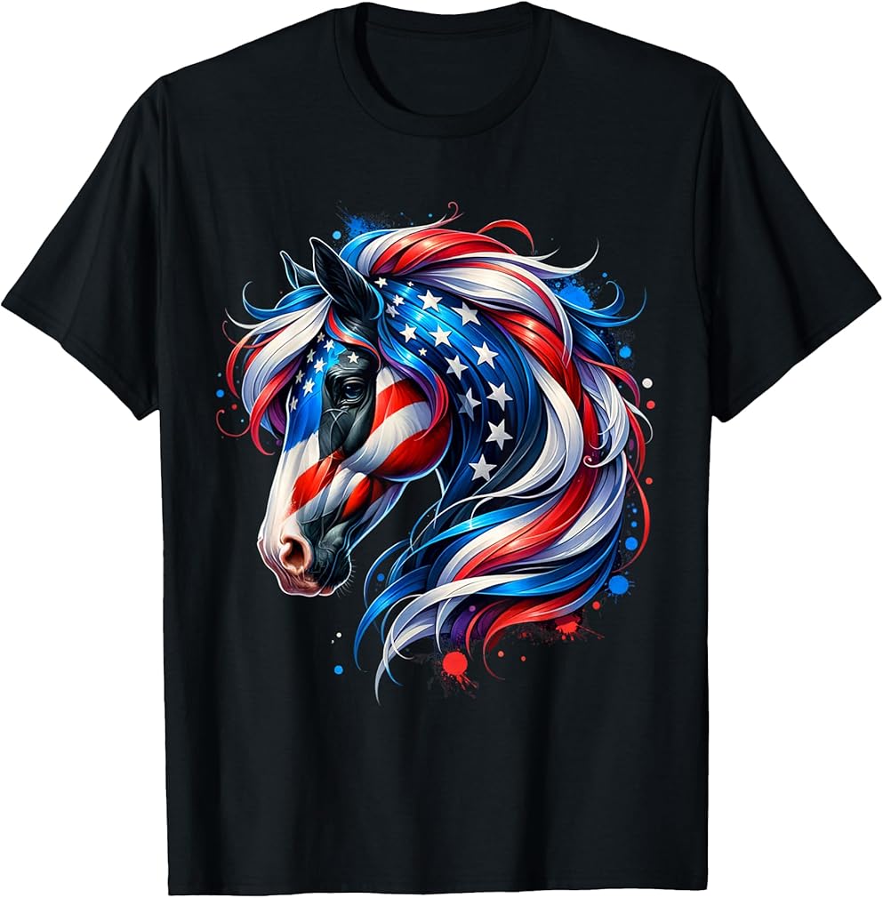Horse 4th of July Patriotic Horse Graphic American Flag T-Shirt