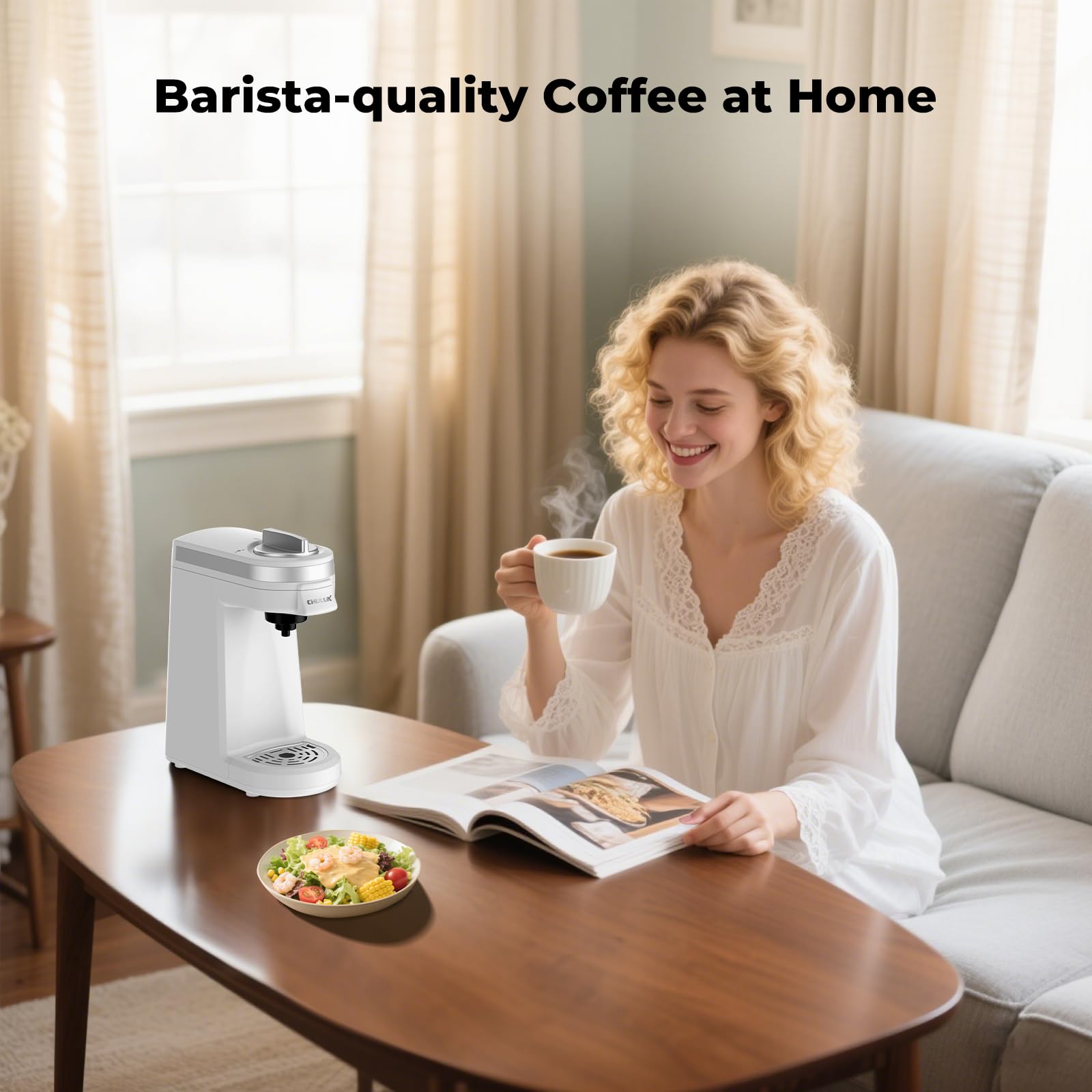 CHULUX Mini cafetera de viaje 2 en 1 para cápsulas K y café molido, cafetera de una sola porción para taza americana, cafetera de cápsulas ligeras, blanco perla