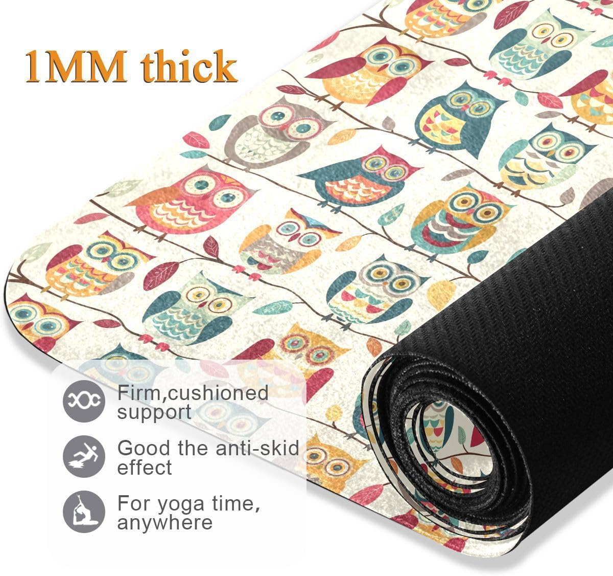 ALAZA Colorful Owl Cartoon on The Tree Yoga Mat Non Slip Fitness Exercise Mat, Workout Mat for Yoga, Pilates and Floor Exercises