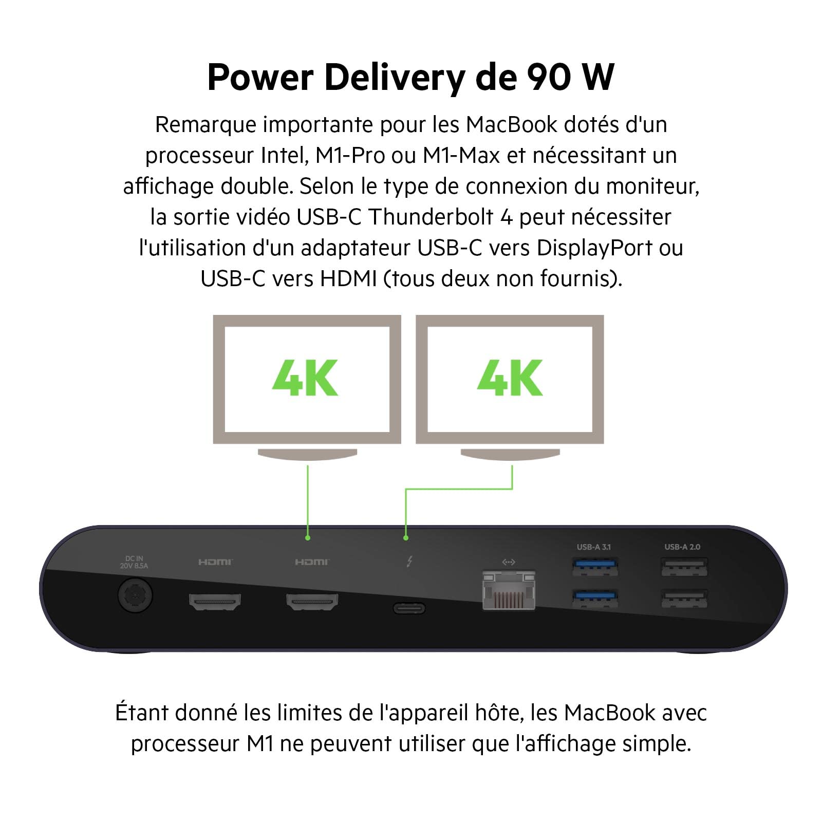 Belkin Station d’Accueil , Affichage Simple 8K à 60 Hz, Compatible Double Affichage 4K, 2 Ports Thunderbolt 4 Dock Pro, 2 Ports HDMI, PD 90 W, entrée/Sortie Audio, MacBook Pro, XPS, etc.