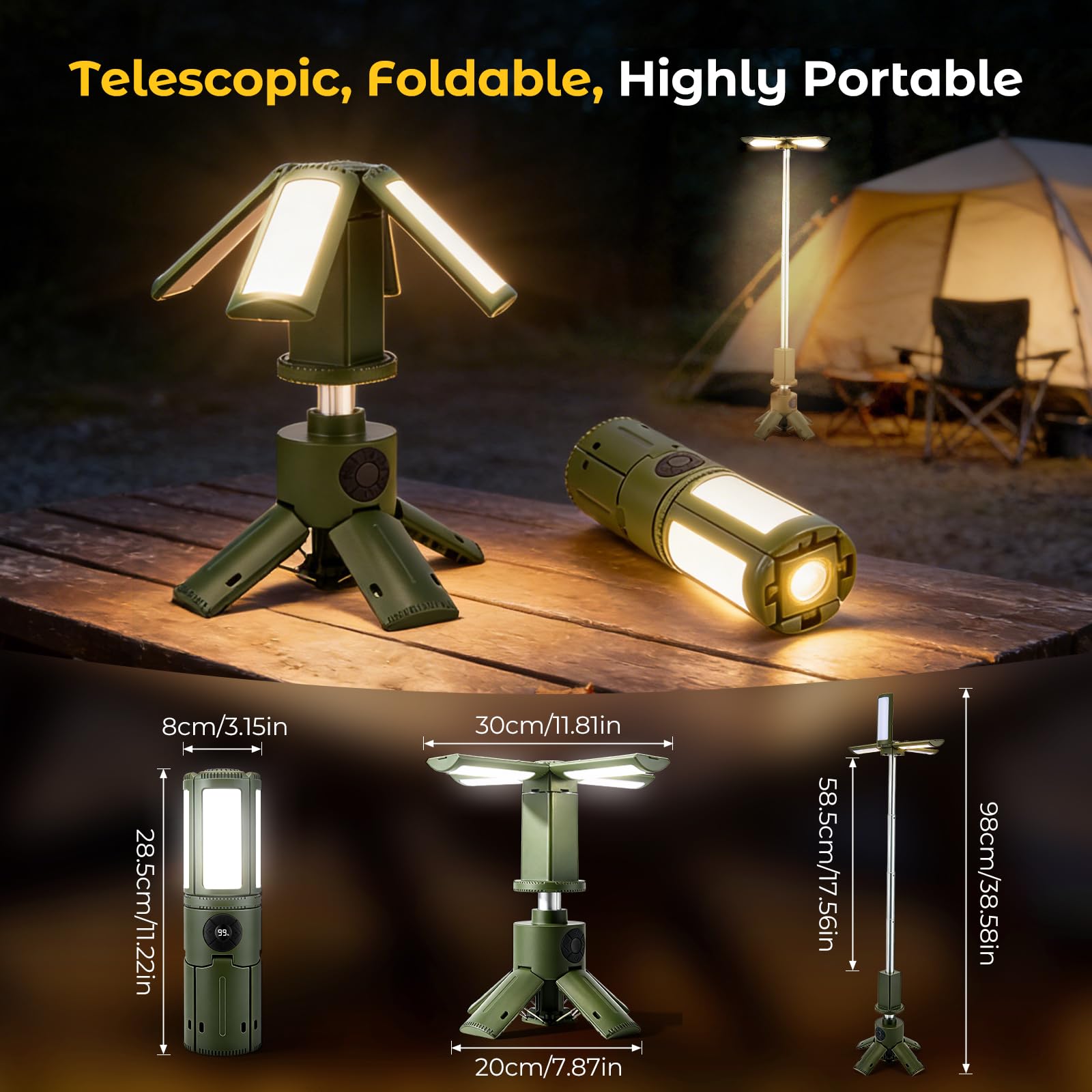 Lanterna da Campeggio Ricaricabile 8000mAh, Lampada LED da Campeggio Telescopica con Treppiede, Luce da Tenda Pieghevole IPX5, 4 Modalità Luce 11 Livelli Dimmer SOS Power Bank