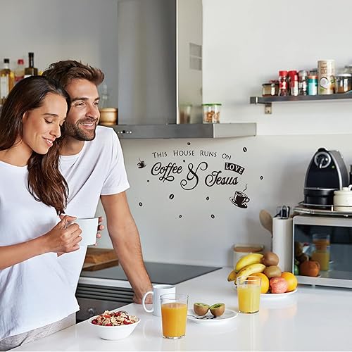 Miniatura 4 de SUPERDANT Adhesivo de pared de PVC con tema de café, This House Runs ON Love Coffee and Jesus Word Vinilo Art Wall Sticker Sticker para decoración